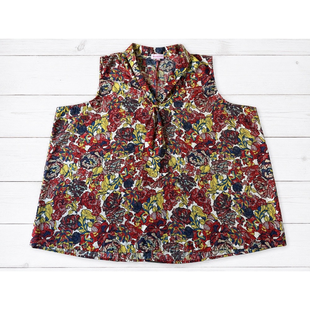 Molly & Isadora Womens 4X Floral Sleeveless Tie Neck Blouse Cottagecore Boho